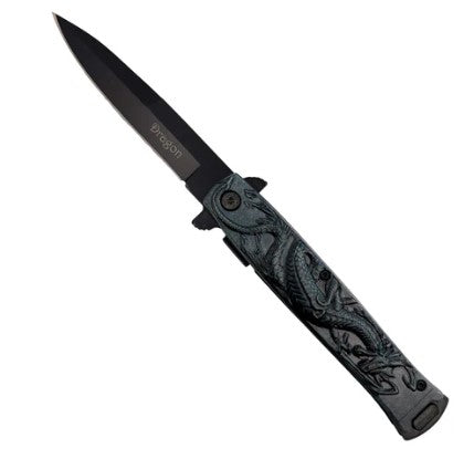 Spring assisted knife 4" dagger blade 5" closed, blk/silver cross aluminum handle